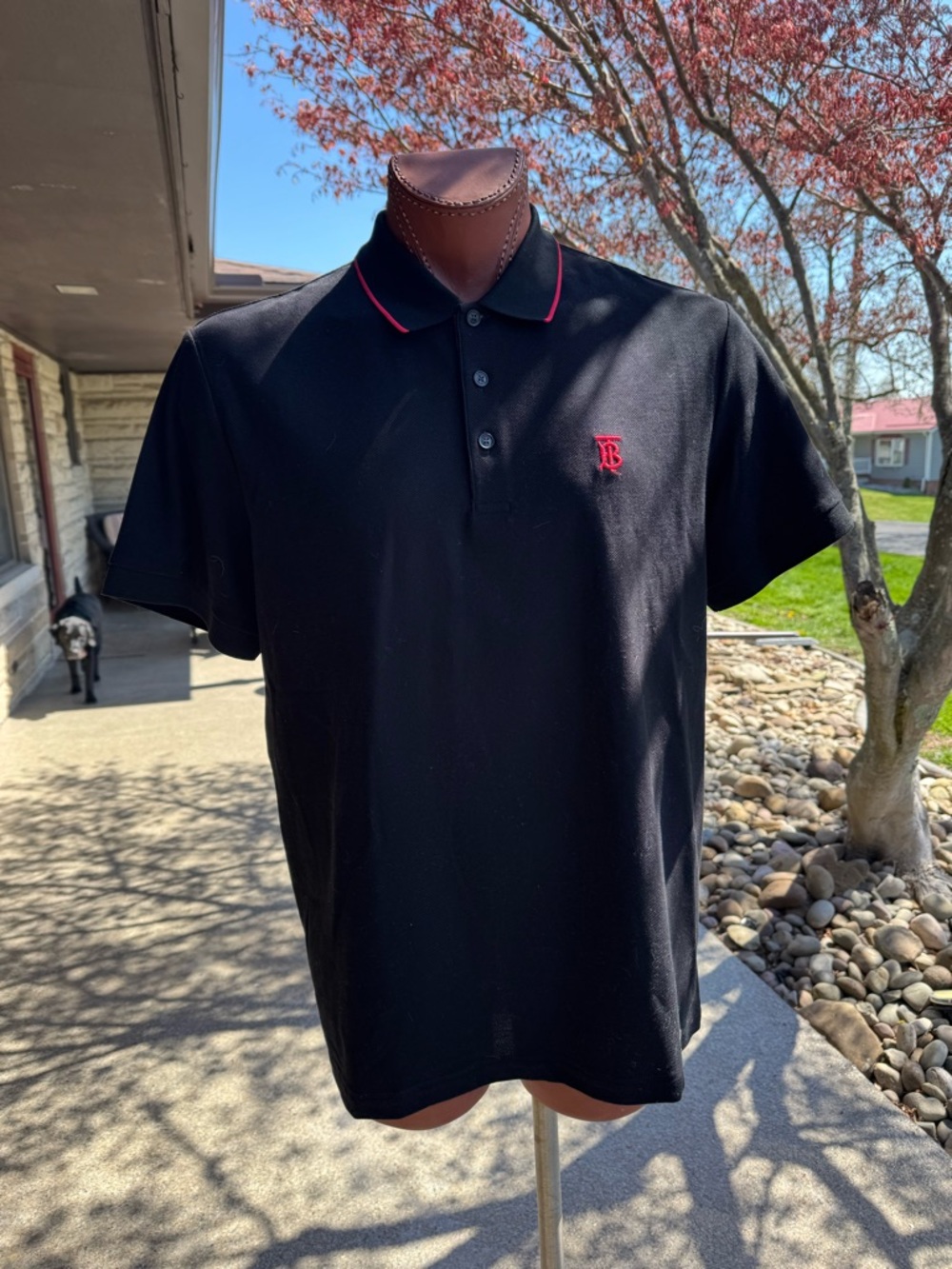 Burberry Black Polo with Red Trim and TB Embroidered Logo